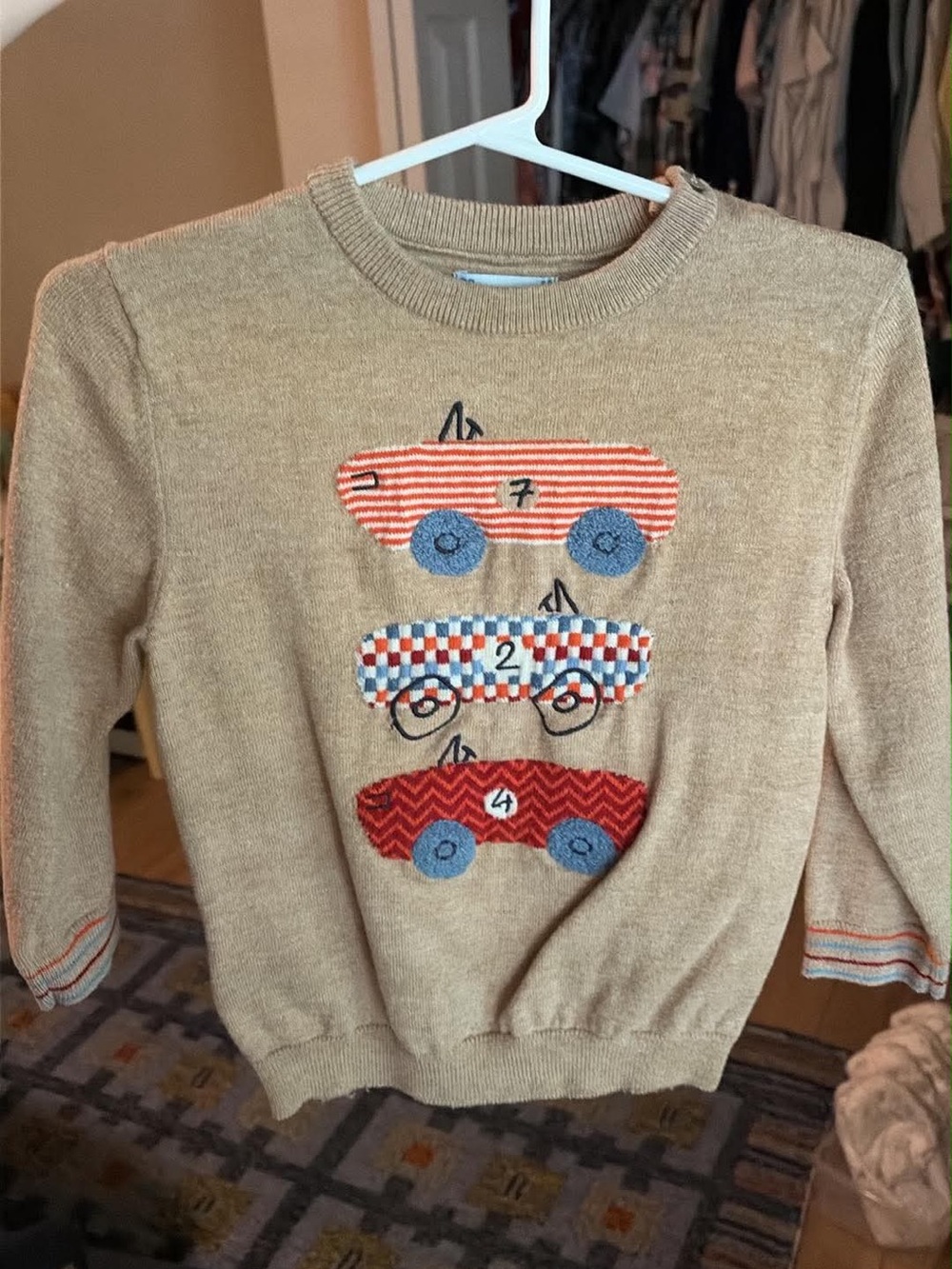 Mayoral Beige Kids Sweater with Red and Blue Car Appliqués